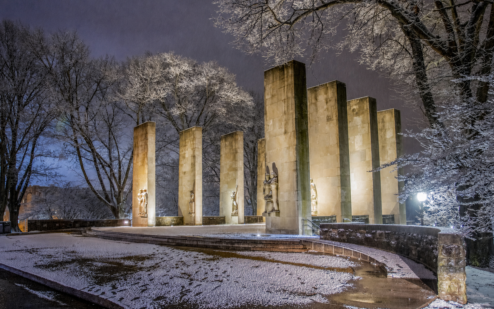 The Virginia Tech Pylons illuminated on a winter night